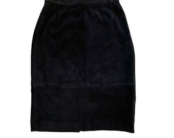 27 Waist 80s Vintage Black Suede Knee Length Skirt Made by Comint