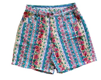 27 Waist 80s 90s Vintage High Waisted Striped Floral Colorful Shorts Made by Michael