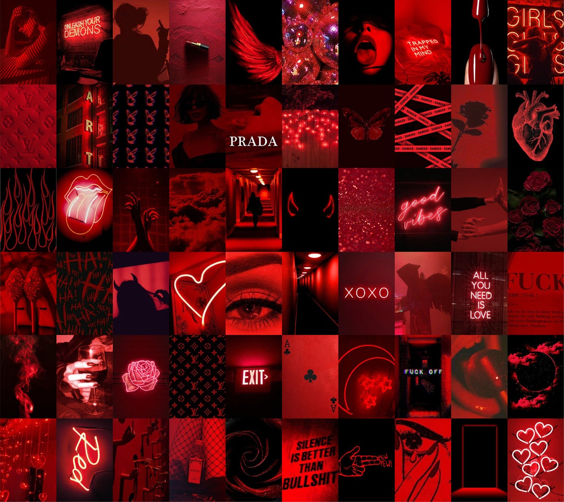 Red Aesthetic Collage Wall Kit Neon Red Collages Printable Etsy