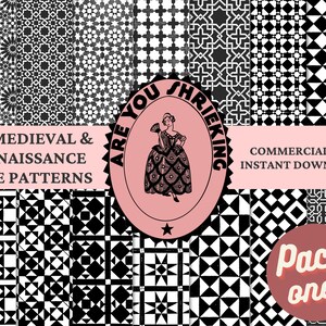 May include: A digital download of 50 black and white tile patterns inspired by medieval and renaissance designs. The patterns are geometric and intricate, and they would be perfect for use in a variety of projects, such as home decor, crafts, and fashion.