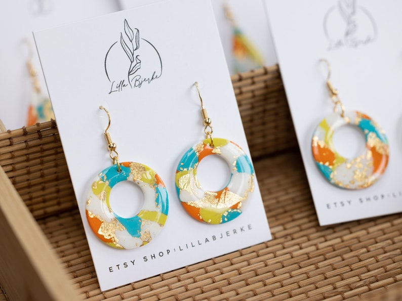 Gold Leaf Polymer Clay Earrings: Handmade Donut Dangles image 1
