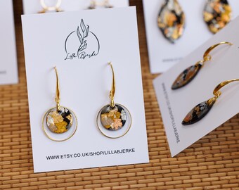 Handmade Polymer Clay Dangle Earrings: Black, Gold & Silver