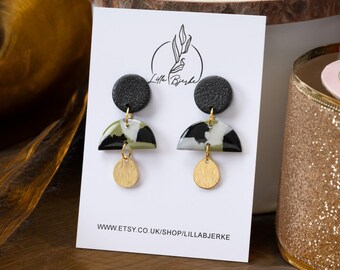 Handmade Polymer Clay Earrings: Black, Green & Gold Leaf