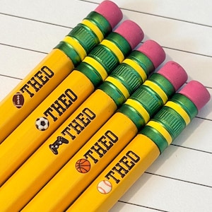 Personalized Sports Pencils with Name | Baseball Soccer Basketball Football | Boys Back to School Gift | Team Party Favors