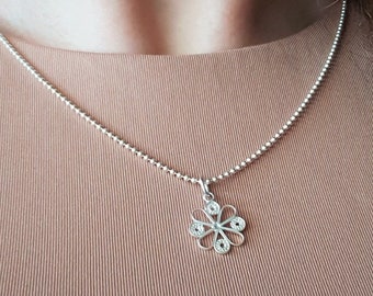 Flower handmade jewellery Gift idea Silver floral necklace Silver dots chain Filigree Sterling Silver 925 flower necklace Gift for her