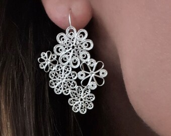 Flower handmade jewellery Gift idea Silver floral necklace Silver dots chain Filigree Sterling Silver 925 flower necklace Gift for her