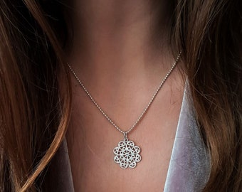Flower handmade jewellery Gift idea Silver floral necklace Silver dots chain Filigree Sterling Silver 925 flower necklace Gift for her