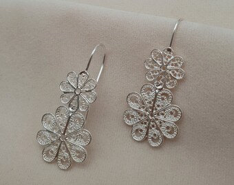 Flower handmade jewellery Gift idea Silver floral necklace Silver dots chain Filigree Sterling Silver 925 flower necklace Gift for her