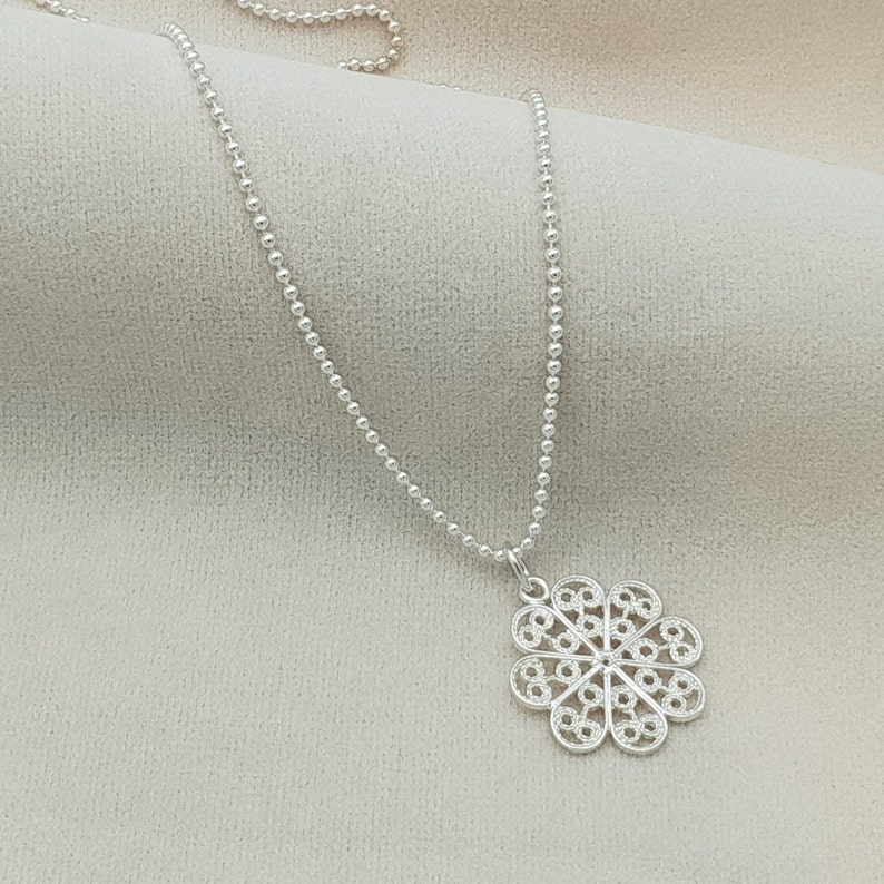 Flower handmade jewellery Gift idea Silver floral necklace Silver dots chain Filigree Sterling Silver 925 flower necklace Gift for her