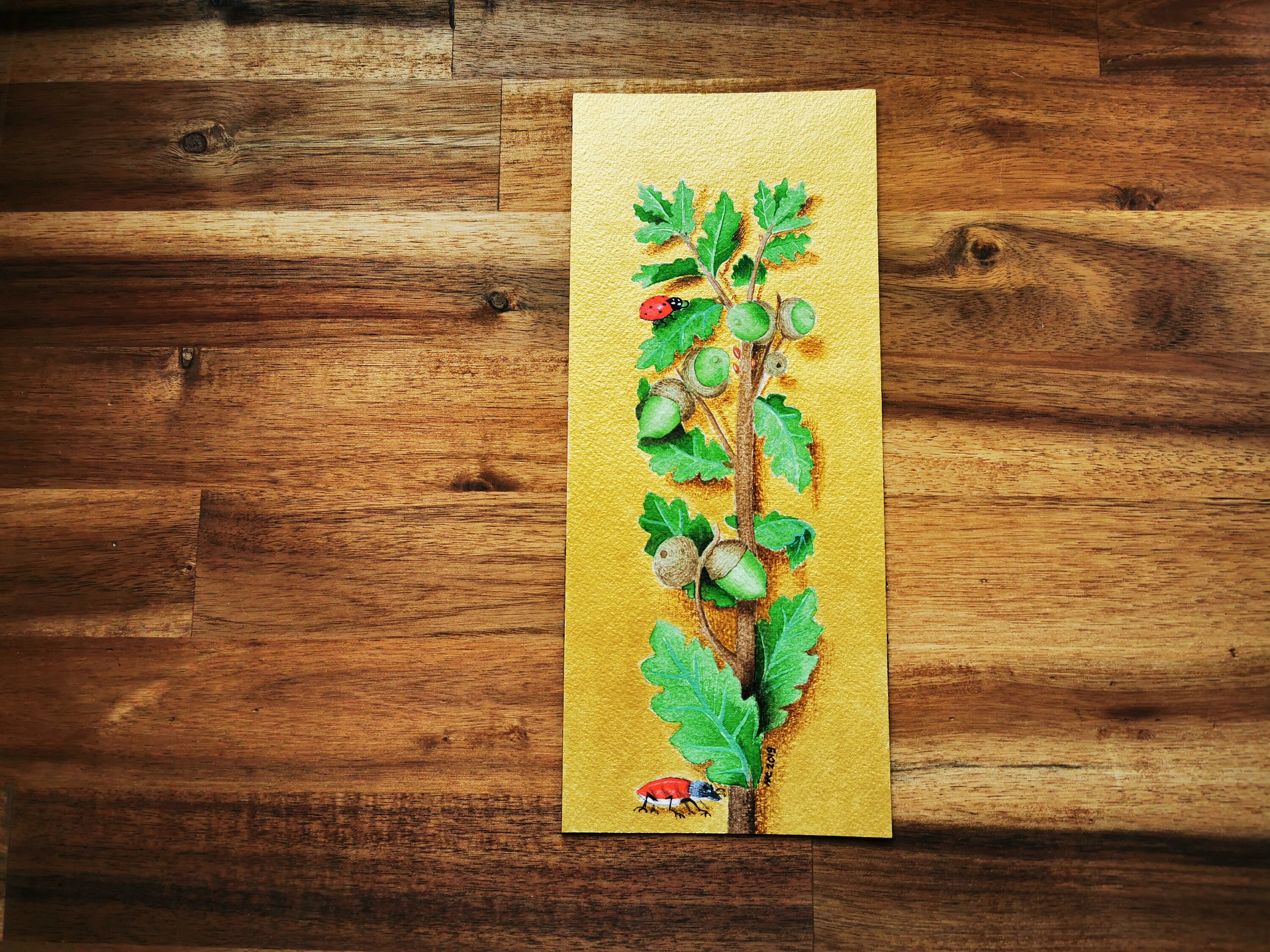Enluminure Originale Feuilles de Chêne et Coccinelle