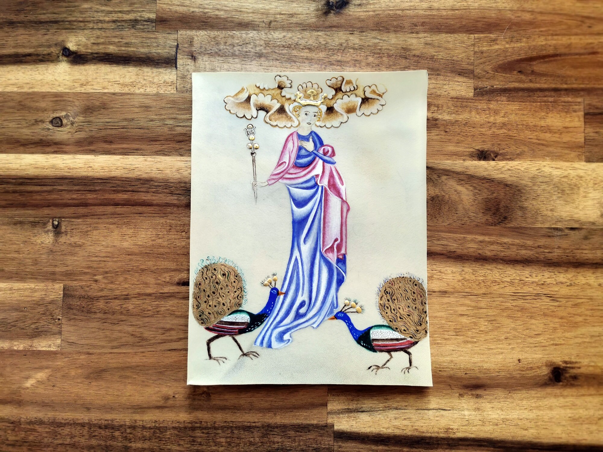 Interprétation de Junon et Ses Paons Peinture Enluminure Originale