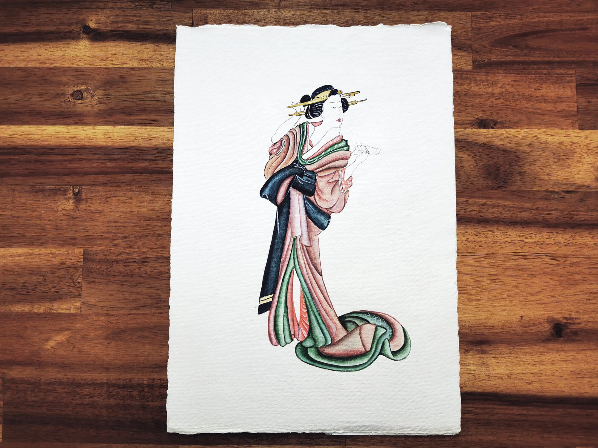 Enluminure Originale Dame Japonaise d'après Estampe