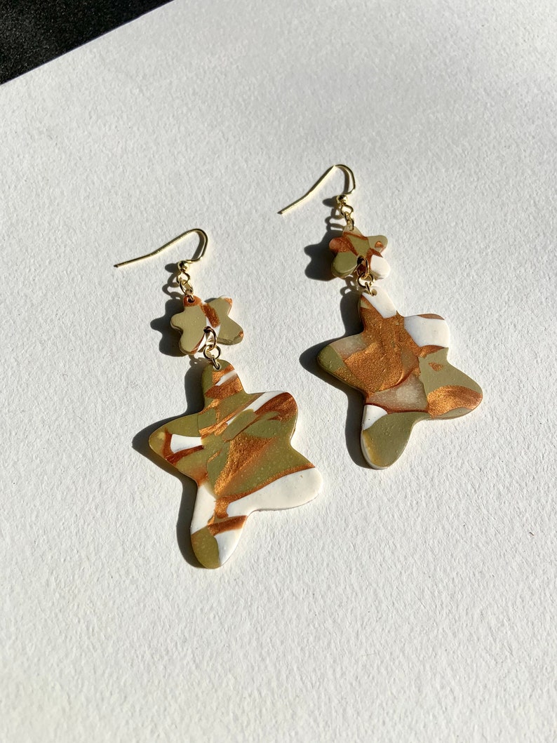 Double Amoeba Olive Marble Polymer Clay Earrings