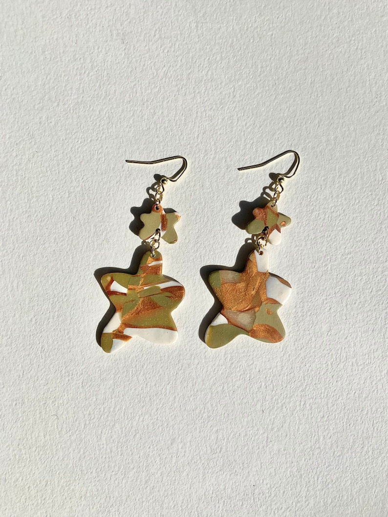 Double Amoeba Olive Marble Polymer Clay Earrings