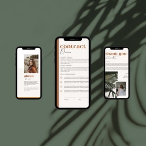Puede incluir: Tres pantallas de tel&eacute;fono m&oacute;vil con dise&ntilde;os diferentes. La primera pantalla tiene una foto de una mujer y el texto "about you" en color marr&oacute;n. La segunda pantalla tiene el texto "contract overview" en color marr&oacute;n. La tercera pantalla tiene el texto "thank you" en color marr&oacute;n.