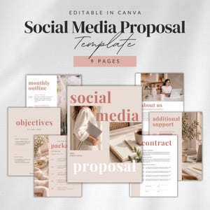 Puede incluir: Una plantilla digital de propuesta para redes sociales de 9 páginas, con una paleta de colores suaves y tipografía. El diseño incluye secciones para objetivos, paquetes, presentación, soporte adicional y un contrato.