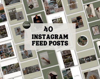 40 Post Instagram Templates, Neutral Social Media Templates, Boho Canva Templates, Instagram In-Feed Templates, Green beige templates