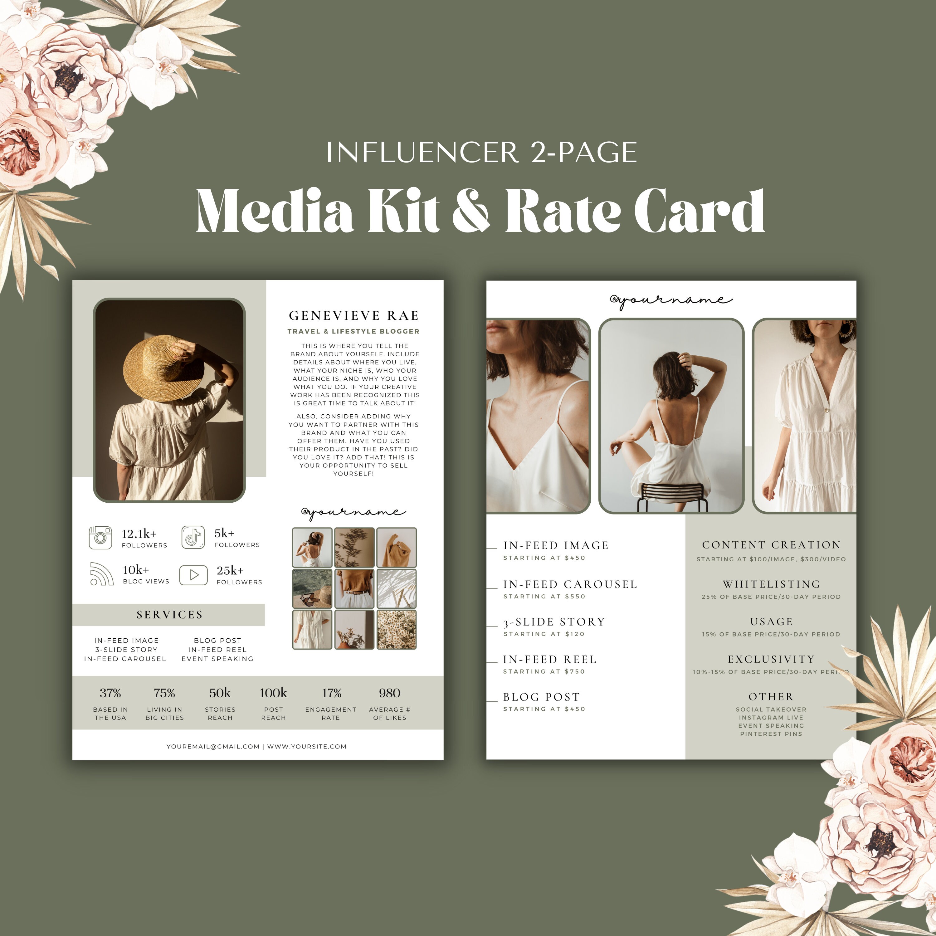 2 Page Media Kit, Rate Card Template | Influencer Media Kit | Blogger ...