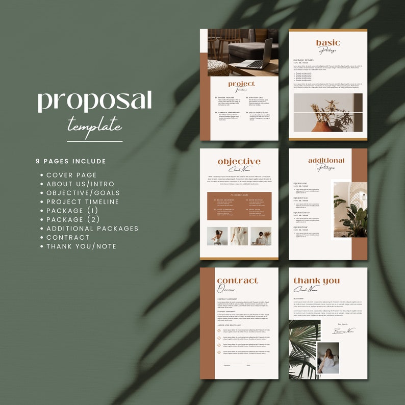 Puede incluir: Una plantilla de propuesta con un dise&ntilde;o minimalista. La plantilla incluye una p&aacute;gina de portada, sobre nosotros, objetivo, cronograma del proyecto, paquete, paquetes adicionales, contrato y p&aacute;gina de agradecimiento. La plantilla est&aacute; dise&ntilde;ada para empresas y aut&oacute;nomos que desean crear propuestas profesionales.