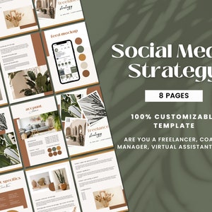 May include: A social media strategy template with 8 pages. The template is customizable and includes a feed mockup, account specifics, and a freelance strategy section. The template has a brown and green color scheme with images of plants and architecture.