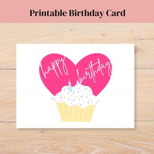 Printable Pink Heart and Cupcake Happy Birthday Card