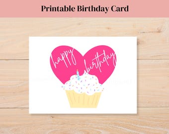Tarjeta de feliz cumpleaños imprimible con corazón rosa y cupcake