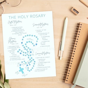 How to Prayer the Holy Rosary Printable | Blue with beautiful rosary beads | Letter size 8.5x11in sheet including Mysteries of the Rosary
