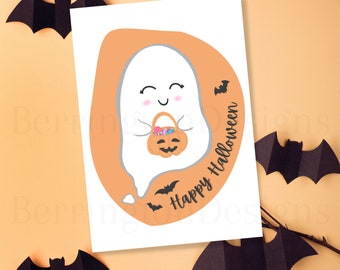 Printable Cute Happy Halloween Card, Cute Ghost Halloween Card, Ghost and Bats, Jack-o-Lantern, Halloween Candy, Halloween Digital Download