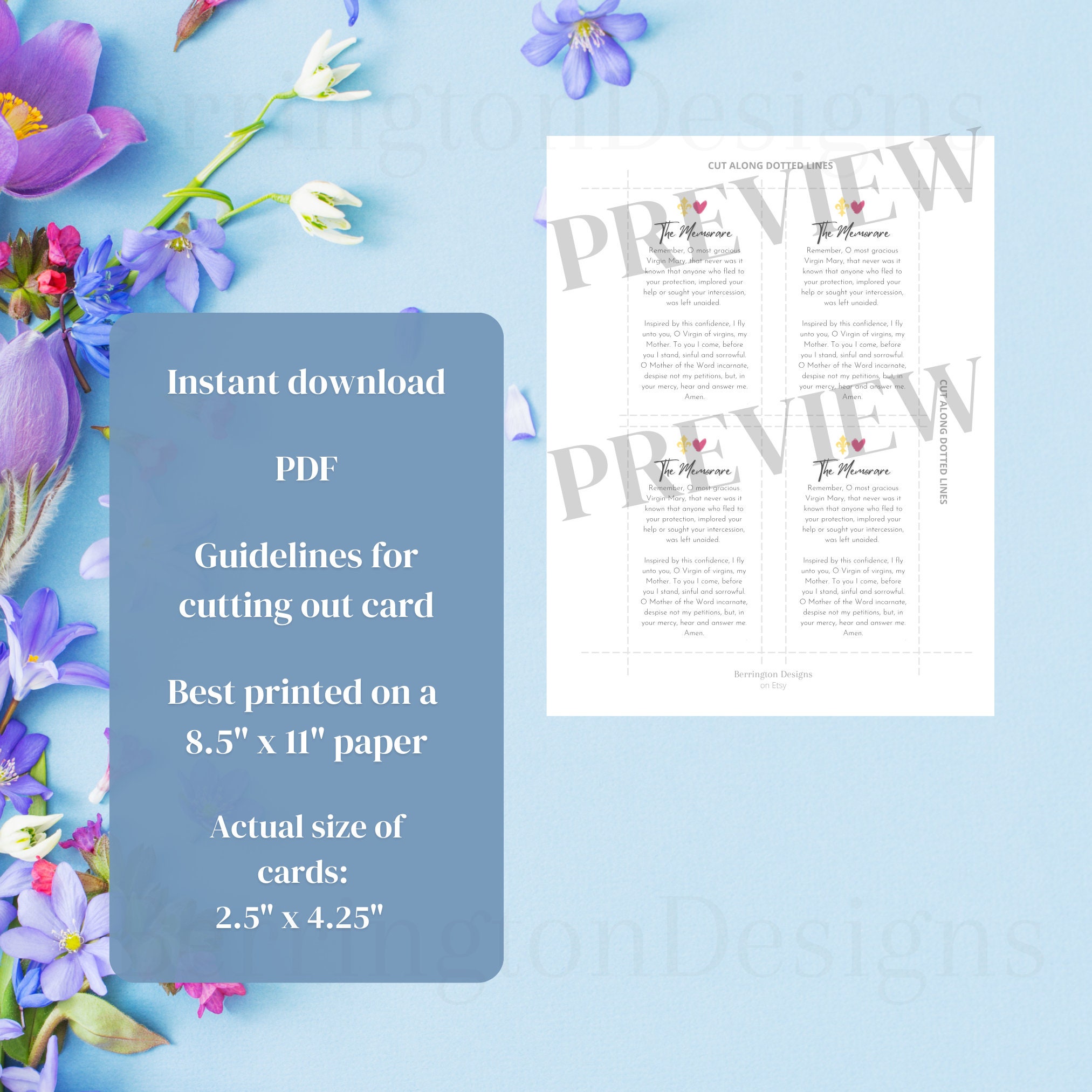 The Memorare Prayer Card Printable, Blessed Virgin Mary, Instant ...