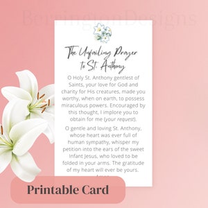 Onfeilbaar gebed tot St. Anthony gebedskaart katholiek afdrukbaar, Sint Antonius van Padua Lelies bevestiging geschenk, portemonnee formaat PDF eenvoudige kaart