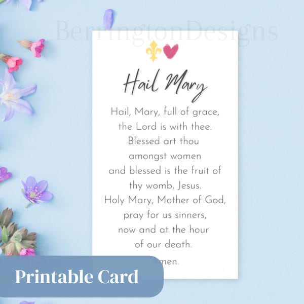 Printable Hail Mary Prayer Card with a Fleur-de-lis and heart simple design