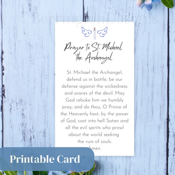 St. Michael Prayer Card Printable | Cute Wallet size Prayer to Saint Michael the Archangel Catholic Prayer Card with sword and angel wings