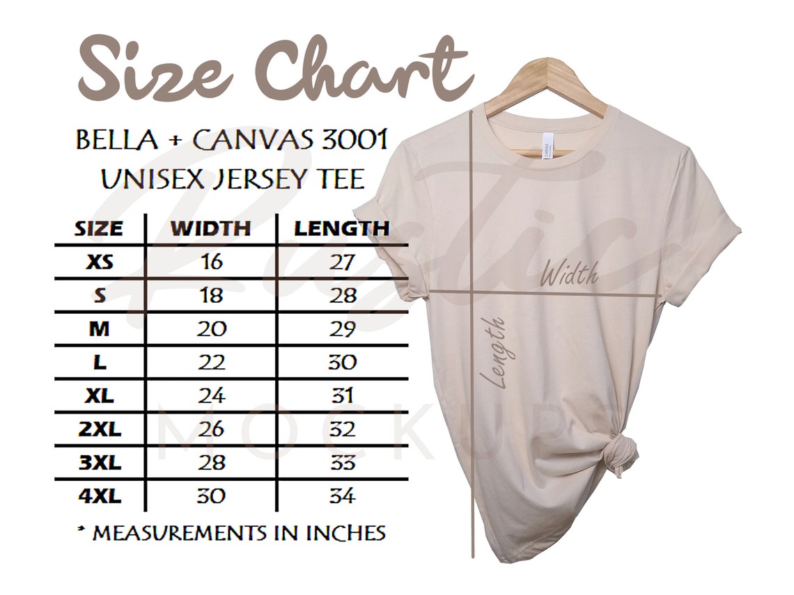 Bella Canvas 3001 Size Chart Bella Canvas Size Chart Tshirt Etsy