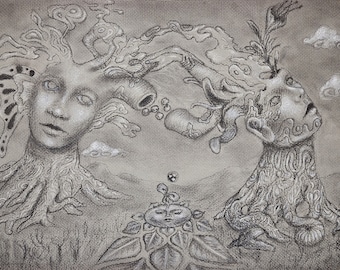 May include: A black and white drawing of two tree-like figures with human faces. The figures are connected by a vine-like structure. The drawing has a surreal and dreamlike quality.