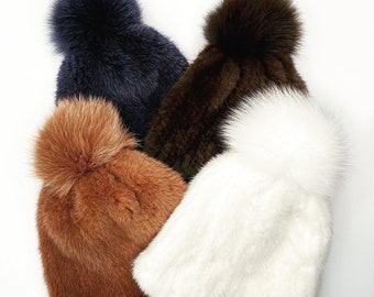 Natural Mink Fur Beanie Hat Super Stretchy Knitted Fur With Pompom