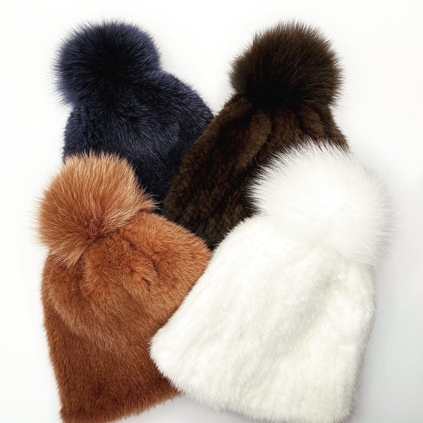 Natural Mink Fur Beanie Hat Super Stretchy Knitted Fur With Pompom