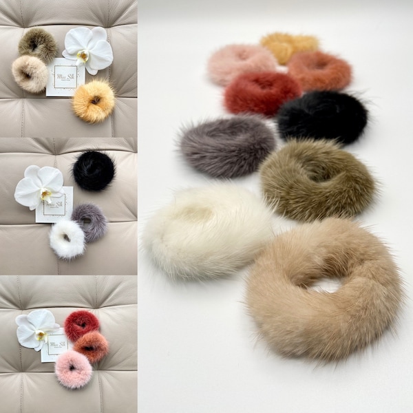 Natural mink fur scrunchies, hair band, elastic