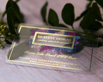 Glossy Transparent Business Cards, Gold Foil, Unique Custom Design, Full color Printing