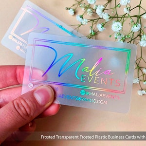 Frosted Matte plastic business cards. Gold, holographic, silver foils embossing, rounded corner, Frosty Acrylic