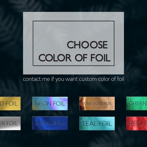 K&ouml;nnte beinhalten: W&auml;hlen Sie die Farbe der Folie f&uuml;r Ihr Projekt. Die Optionen umfassen Gold, Silber, Neon, Dunkelblau, Ros&eacute;gold, T&uuml;rkis, Gr&uuml;n und Rot.