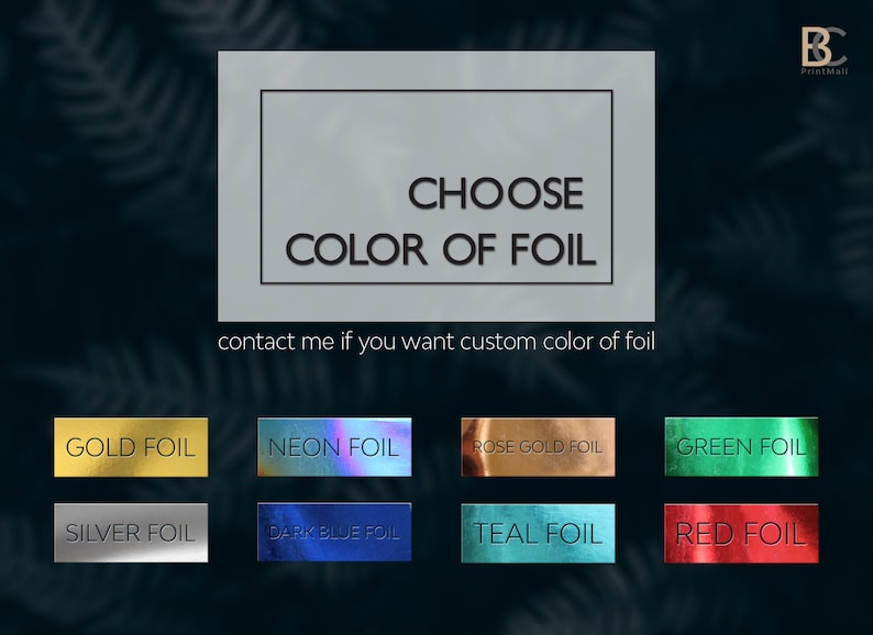 K&ouml;nnte beinhalten: W&auml;hlen Sie die Farbe der Folie f&uuml;r Ihr Projekt. Die Optionen umfassen Gold, Silber, Neon, Dunkelblau, Ros&eacute;gold, T&uuml;rkis, Gr&uuml;n und Rot.