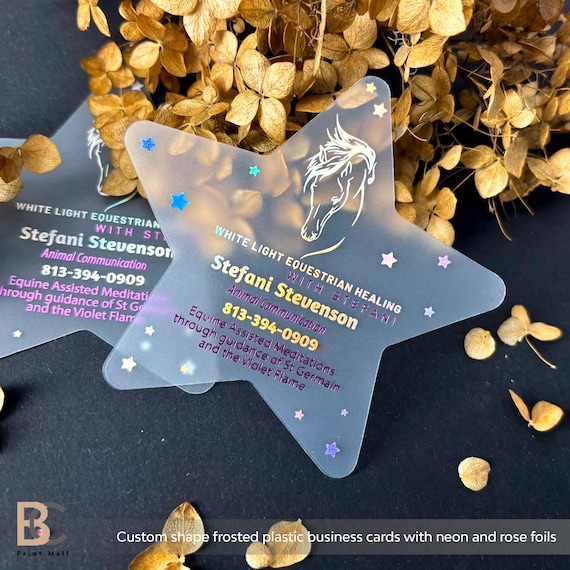 custom holographic business cards Star Shaped Frosted Cards, Foil, Acrylic Die Cut, Personalized Design ranging in a spectrum of purple Plastic Business Cards | Holographic