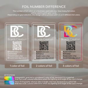 May include: Three business cards with different foil colors. The cards are transparent and show the text "Bcards Creation" and a QR code. The text below the cards indicates the number of foil colors used: 1 color of foil, 2 colors of foil, and 3 colors of foil. The text below the cards explains that holographic gold foil is considered 1 color of foil and neon (holographic silver) is also a single-color foil.