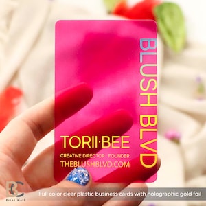Holograph business card, buis card, clear business card. Hot pink unique business card, transparent business cards, gold foil business card