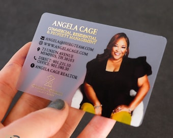 Frosted Clear Photo Business Cards, Personalized Real Estate Realtor Branding, Gold Foil