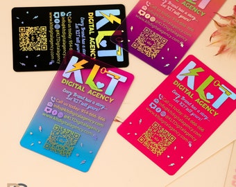 Hologram Plastic Business Cards, Glossy Colored Transparent, Rounded Corners, Rainbow Print, Pink Purple