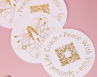 Round Business Cards, Raised Gold Foil, QR Code. Double Sided Thick Soft Touch Paper