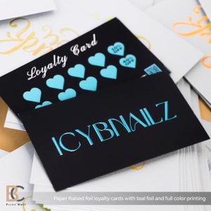 Loyalty card nails, lash loyalty cards, referral cards, raised foil cards, raised print cards, foil business cards, nail tech loyalty cards