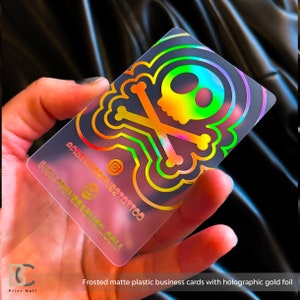Hologram Clear Business Cards, frosted Transparent Plastic Card, foil design holographic rainbow, Tatoo artist, makeup, see through acrylic