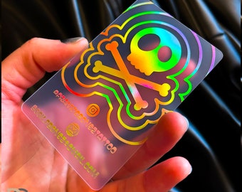 Hologram Clear Business Cards, frosted Transparent Plastic Card, foil design holographic rainbow, Tatoo artist, makeup, see through acrylic